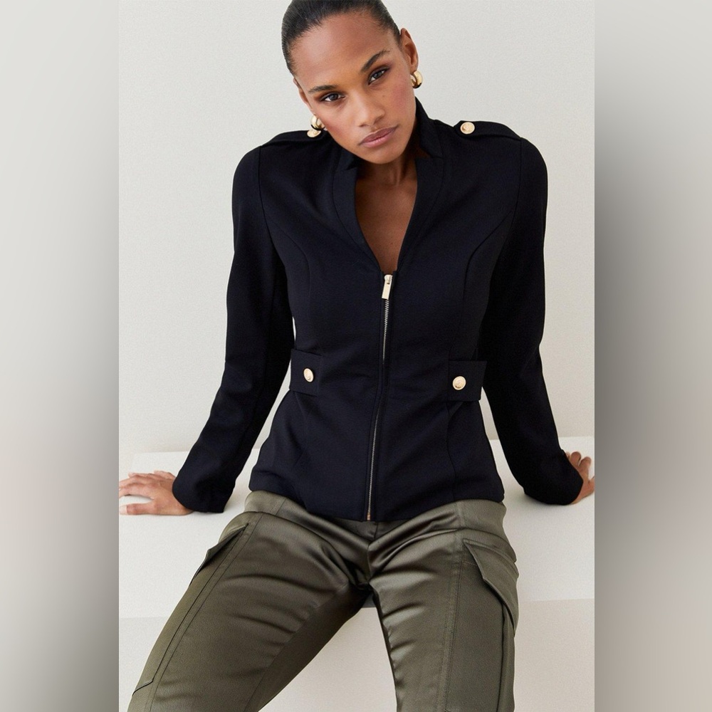 KAREN MILLEN Military Zip Front Ponte Jersey Blazer 4 NWT
